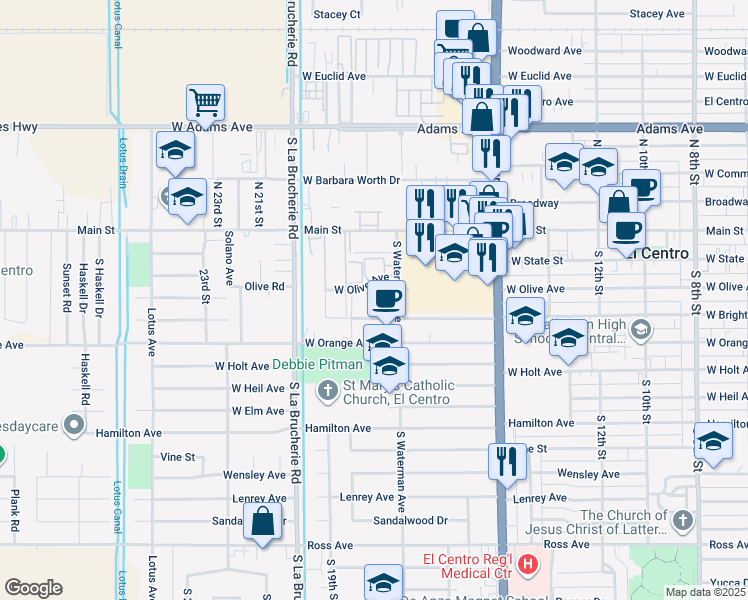 map of restaurants, bars, coffee shops, grocery stores, and more near 1720 West Brighton Avenue in El Centro