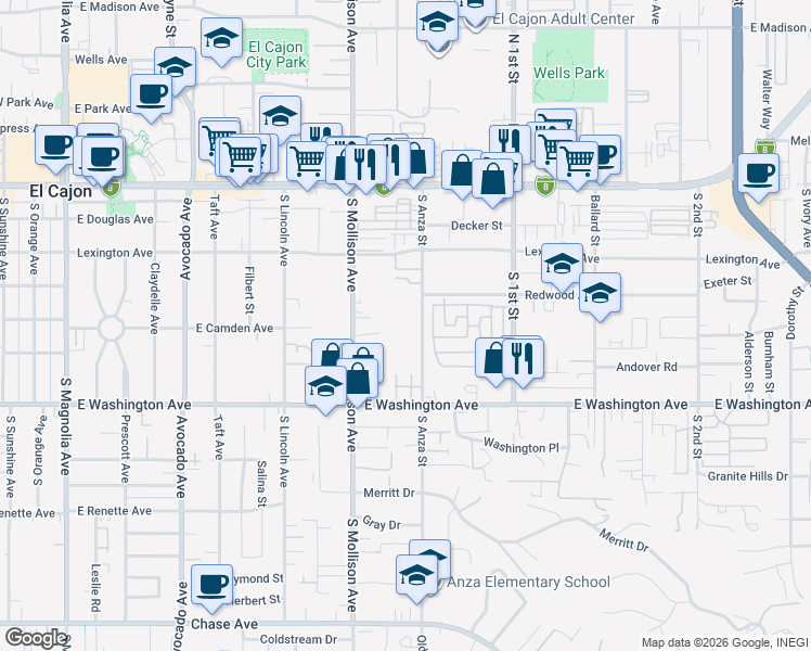 map of restaurants, bars, coffee shops, grocery stores, and more near 588 South Anza Street in El Cajon