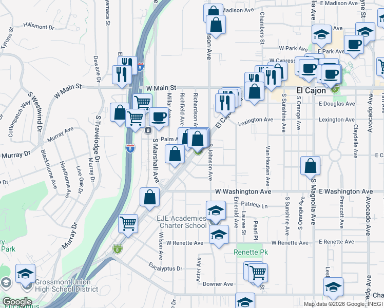 map of restaurants, bars, coffee shops, grocery stores, and more near 586 El Cajon Boulevard in El Cajon