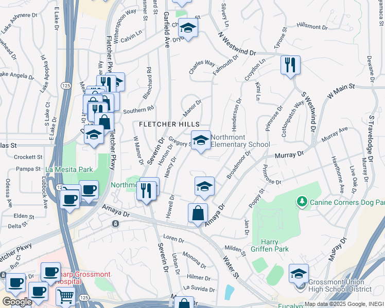 map of restaurants, bars, coffee shops, grocery stores, and more near 6151 Howell Drive in La Mesa