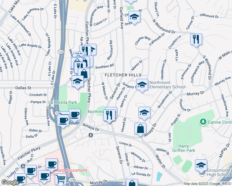 map of restaurants, bars, coffee shops, grocery stores, and more near 6125 Severin Drive in La Mesa