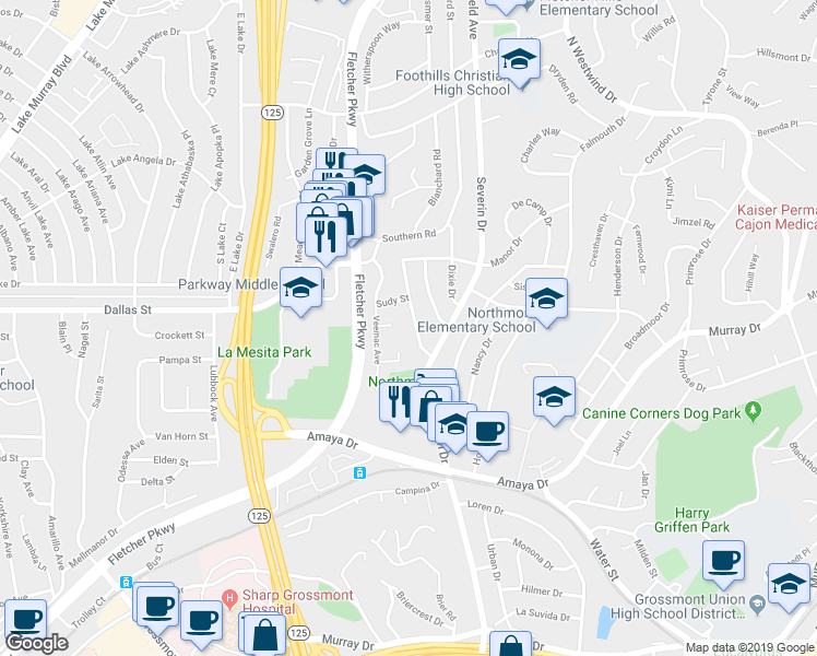 map of restaurants, bars, coffee shops, grocery stores, and more near 6116 West Manor Drive in La Mesa