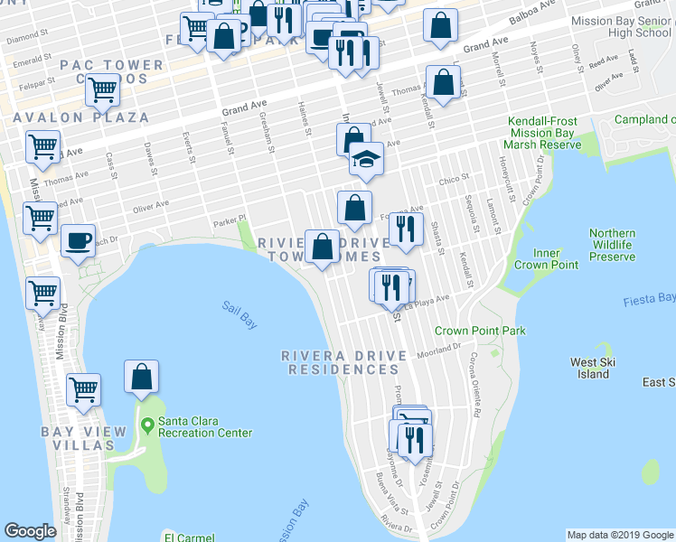 map of restaurants, bars, coffee shops, grocery stores, and more near 3892 Roosevelt Avenue in San Diego