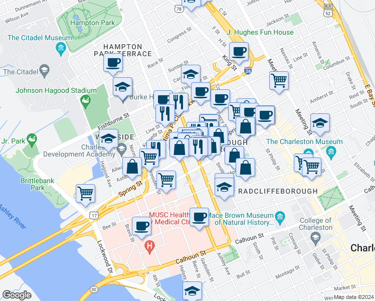 map of restaurants, bars, coffee shops, grocery stores, and more near in Charleston