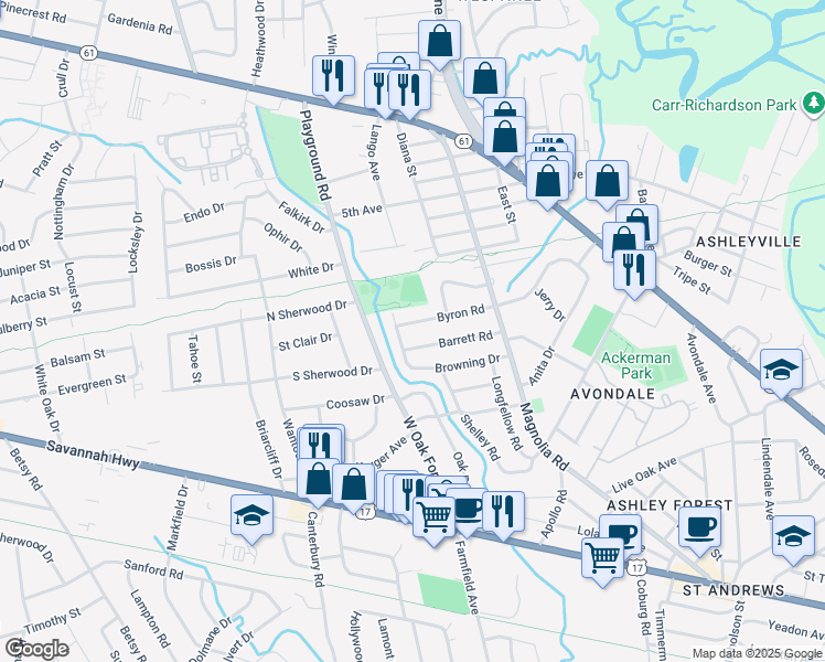 map of restaurants, bars, coffee shops, grocery stores, and more near 804 Browning Road in Charleston