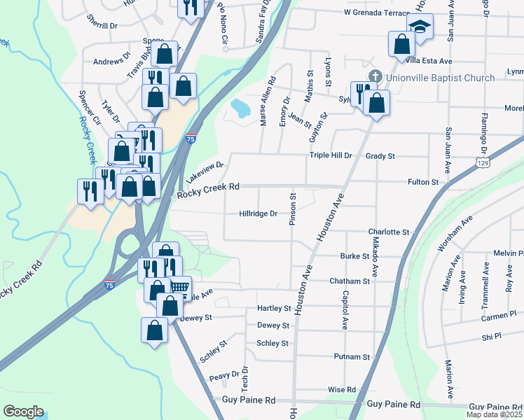 map of restaurants, bars, coffee shops, grocery stores, and more near 1240 Hillridge Drive in Macon