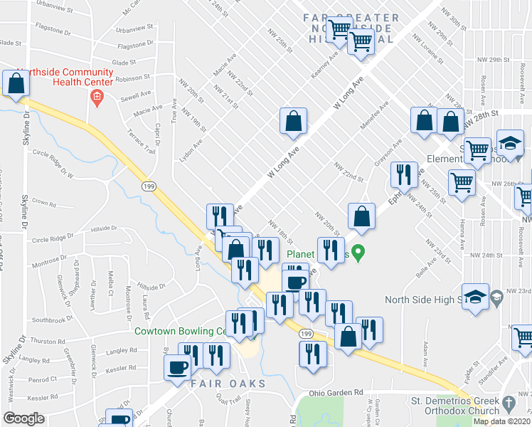 map of restaurants, bars, coffee shops, grocery stores, and more near 2608 Northwest 17th Street in Fort Worth