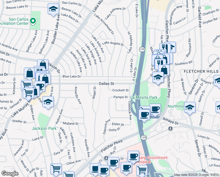 map of restaurants, bars, coffee shops, grocery stores, and more near 8700 Crockett Street in La Mesa