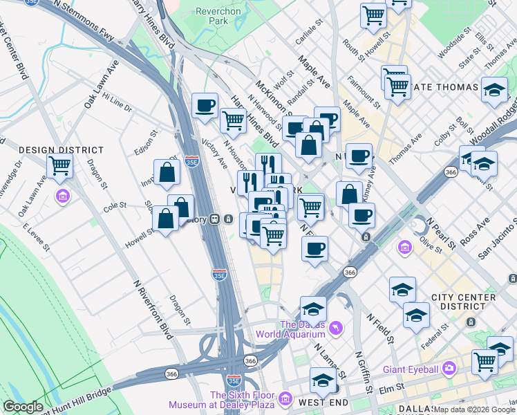 map of restaurants, bars, coffee shops, grocery stores, and more near 2500 Victory Avenue in Dallas