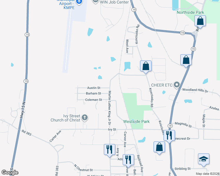 map of restaurants, bars, coffee shops, grocery stores, and more near 400 Austin Street in Philadelphia