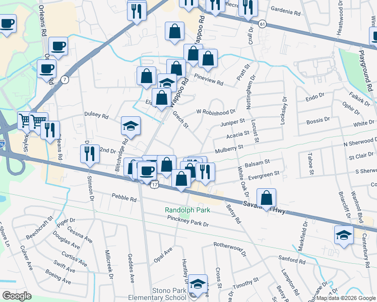 map of restaurants, bars, coffee shops, grocery stores, and more near 1661 Mulberry Street in Charleston