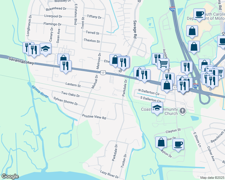 map of restaurants, bars, coffee shops, grocery stores, and more near 2350 Applebee Way in Charleston