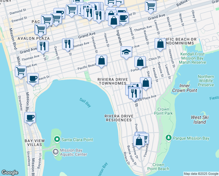 map of restaurants, bars, coffee shops, grocery stores, and more near 3920 Riviera Drive in San Diego