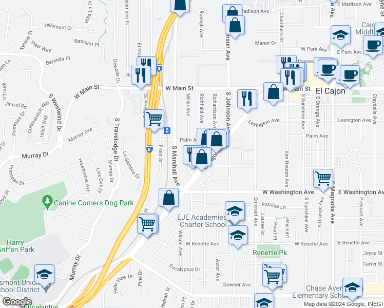 map of restaurants, bars, coffee shops, grocery stores, and more near 511 Millar Avenue in El Cajon