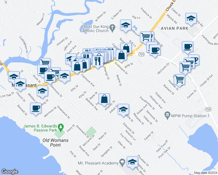 map of restaurants, bars, coffee shops, grocery stores, and more near 1327 Pherigo St in Mt Pleasant