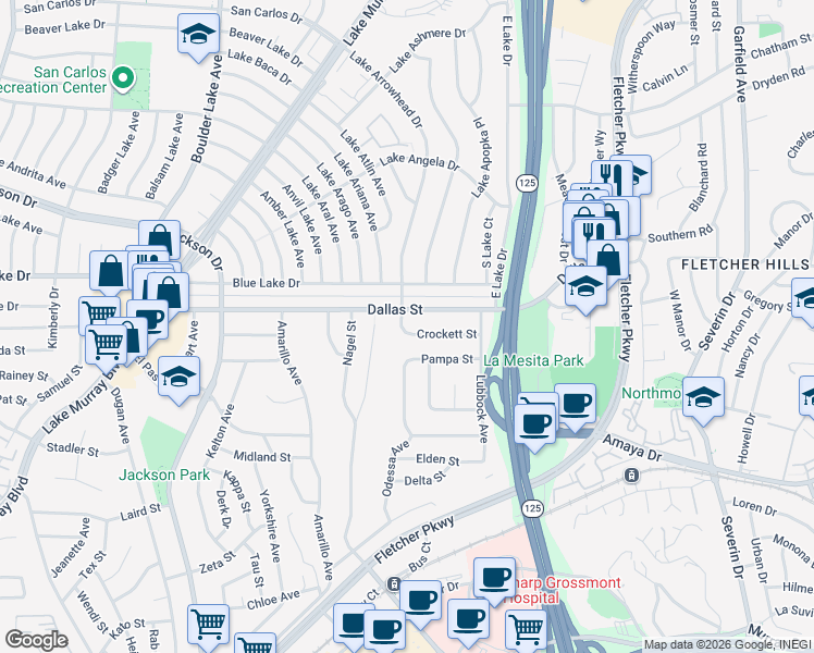 map of restaurants, bars, coffee shops, grocery stores, and more near 8700 Crockett Street in La Mesa