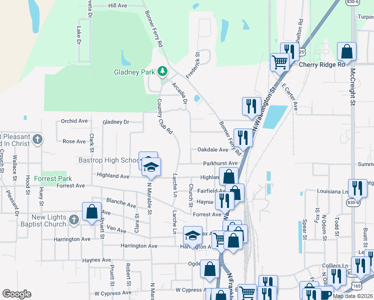map of restaurants, bars, coffee shops, grocery stores, and more near 300 Oakdale Avenue in Bastrop