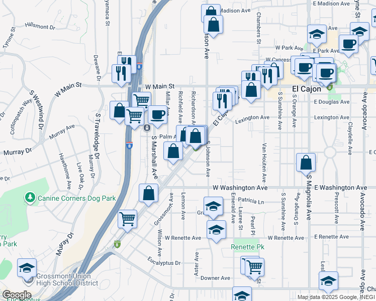 map of restaurants, bars, coffee shops, grocery stores, and more near 566 El Cajon Boulevard in El Cajon