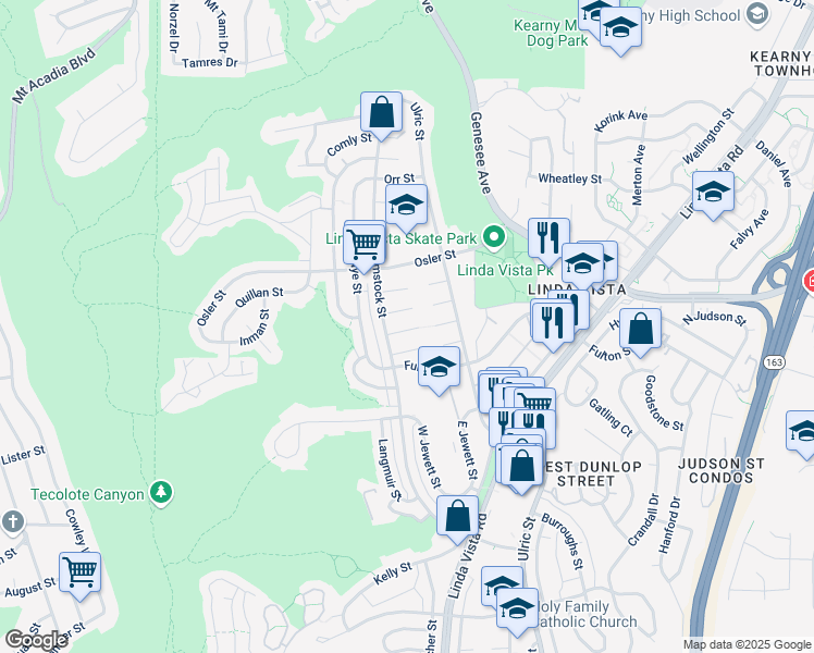 map of restaurants, bars, coffee shops, grocery stores, and more near 6728 Thomson Court in San Diego
