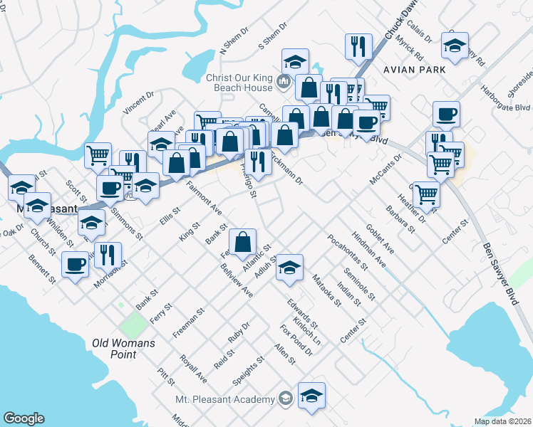 map of restaurants, bars, coffee shops, grocery stores, and more near 735 Hill Street in Mount Pleasant