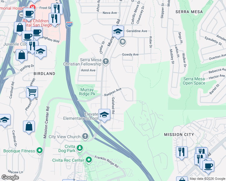 map of restaurants, bars, coffee shops, grocery stores, and more near 8770 Raejean Avenue in San Diego