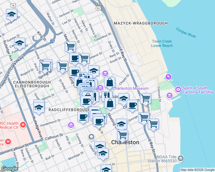 map of restaurants, bars, coffee shops, grocery stores, and more near 10 John Street in Charleston