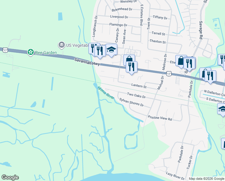 map of restaurants, bars, coffee shops, grocery stores, and more near 2519 Two Oaks Drive in Charleston