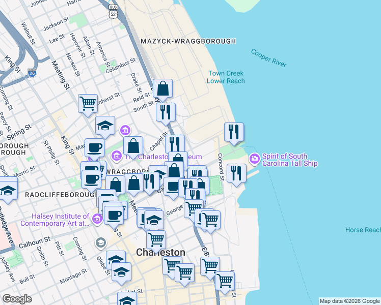 map of restaurants, bars, coffee shops, grocery stores, and more near in Charleston