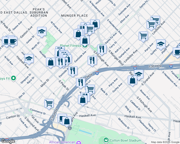 map of restaurants, bars, coffee shops, grocery stores, and more near 4610 East R L Thornton Freeway in Dallas