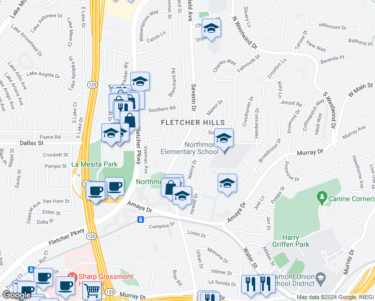 map of restaurants, bars, coffee shops, grocery stores, and more near 6142 Horton Drive in La Mesa