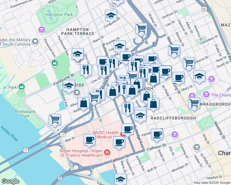 map of restaurants, bars, coffee shops, grocery stores, and more near in Charleston