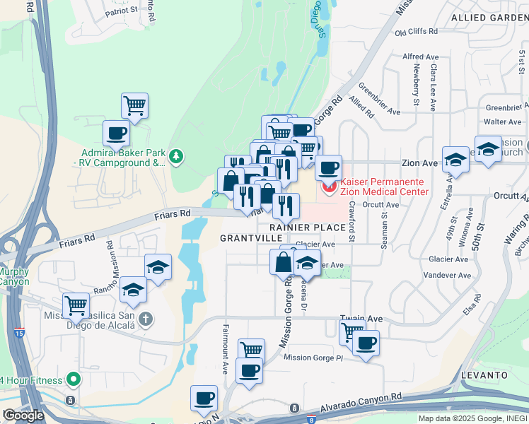 map of restaurants, bars, coffee shops, grocery stores, and more near 4420 Rainier Avenue in San Diego