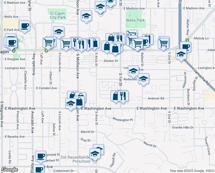 map of restaurants, bars, coffee shops, grocery stores, and more near 410 South 1st Street in El Cajon
