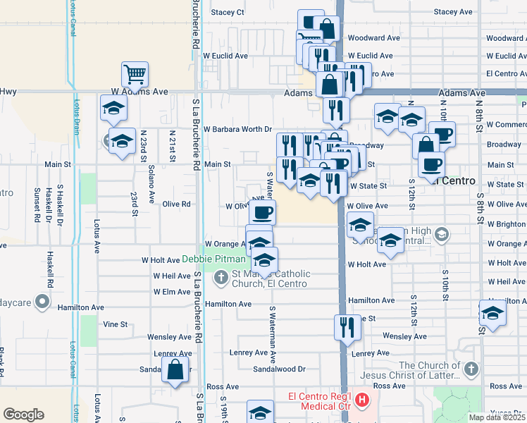 map of restaurants, bars, coffee shops, grocery stores, and more near 1720 West Brighton Avenue in El Centro