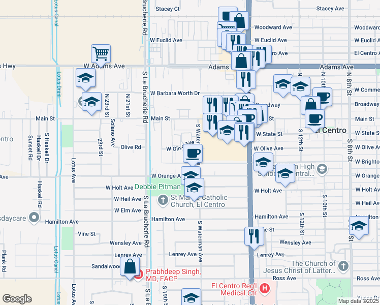 map of restaurants, bars, coffee shops, grocery stores, and more near 1720 West Brighton Avenue in El Centro