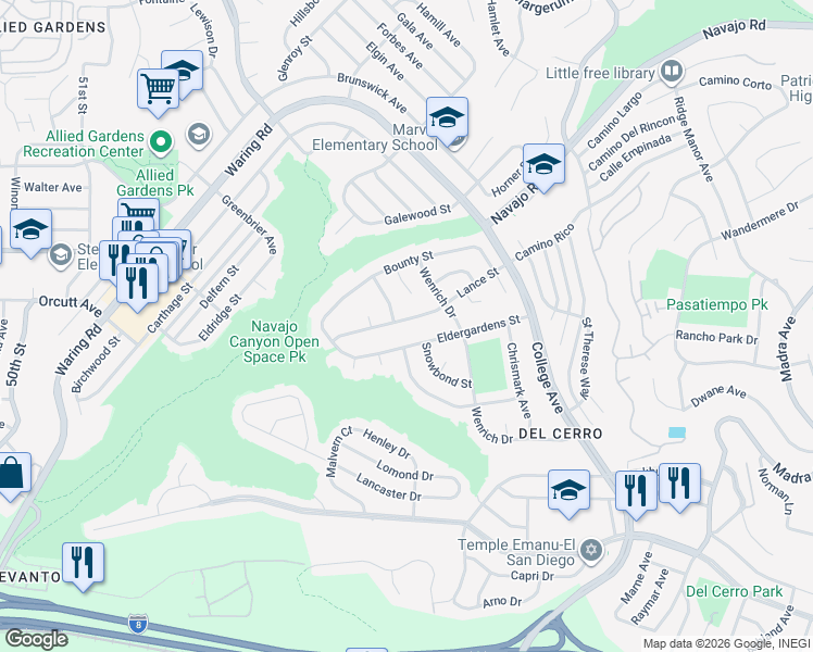 map of restaurants, bars, coffee shops, grocery stores, and more near 5814 Eldergardens Street in San Diego