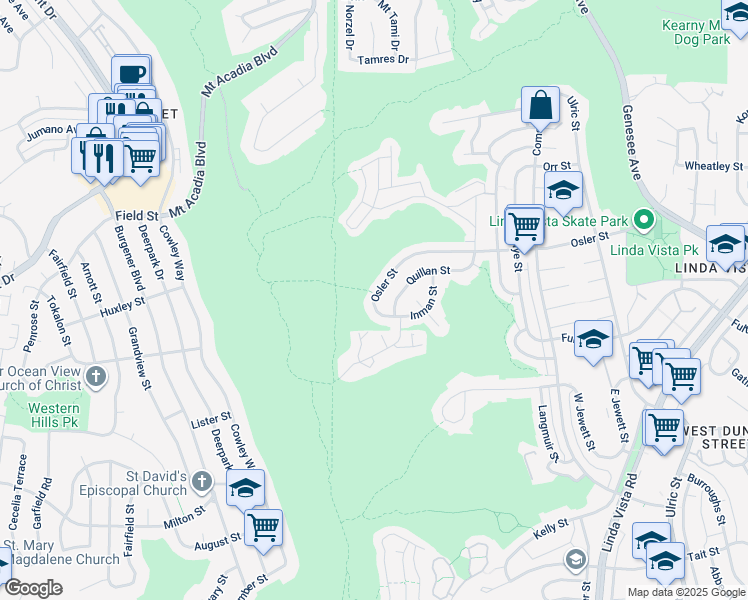 map of restaurants, bars, coffee shops, grocery stores, and more near 6240 Osler Street in San Diego