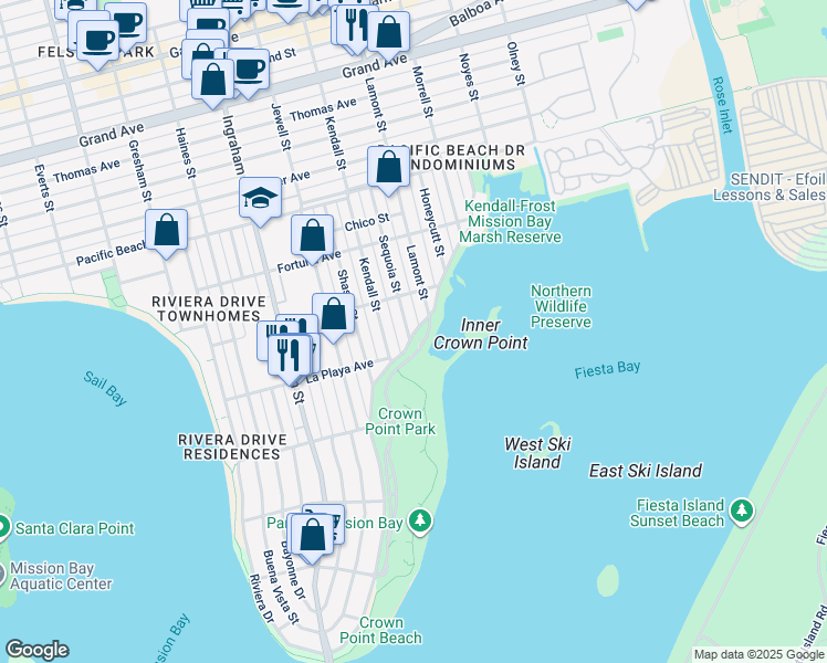 map of restaurants, bars, coffee shops, grocery stores, and more near 3821-23 Sequoia Street in San Diego