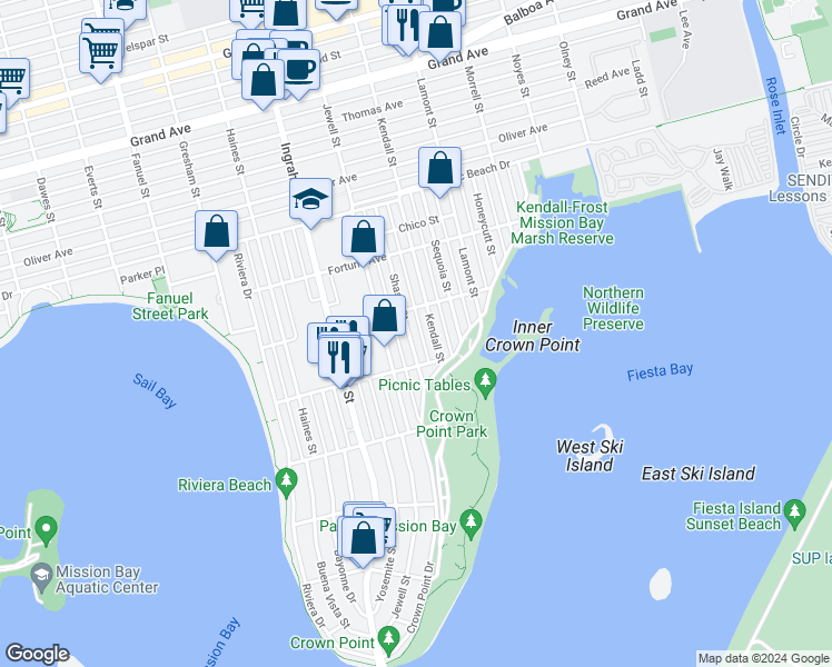 map of restaurants, bars, coffee shops, grocery stores, and more near 3880 Shasta Street in San Diego