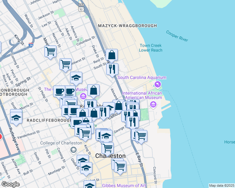 map of restaurants, bars, coffee shops, grocery stores, and more near in Charleston