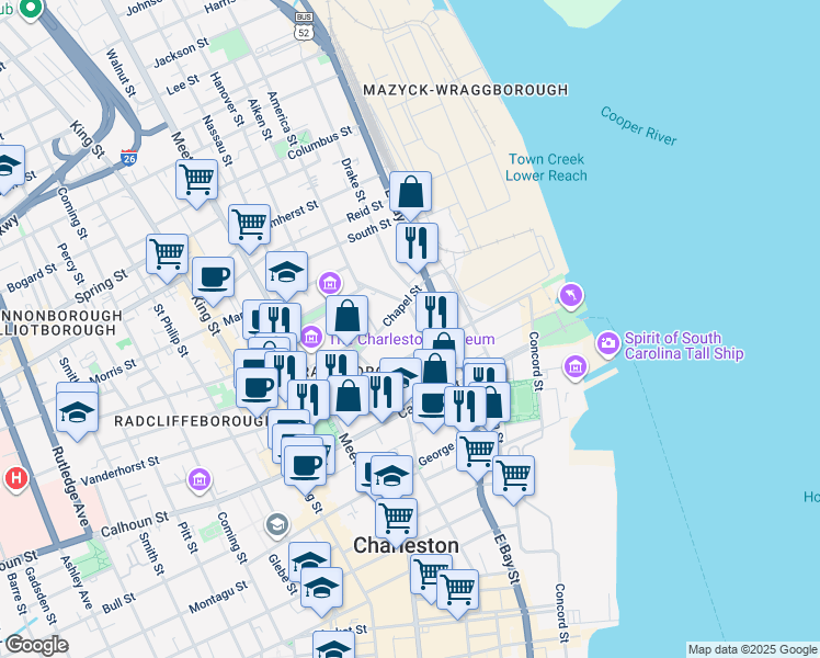 map of restaurants, bars, coffee shops, grocery stores, and more near 30 Charlotte Street in Charleston