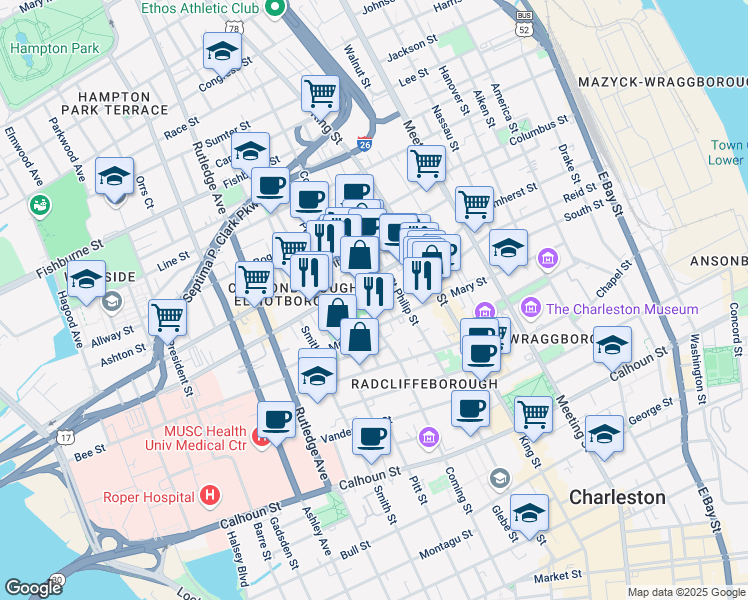 map of restaurants, bars, coffee shops, grocery stores, and more near 190 Coming Street in Charleston