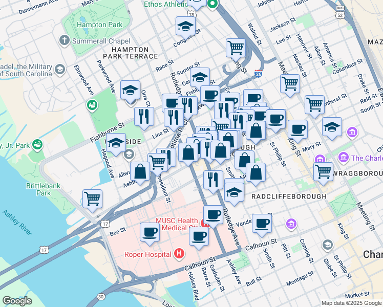 map of restaurants, bars, coffee shops, grocery stores, and more near in Charleston