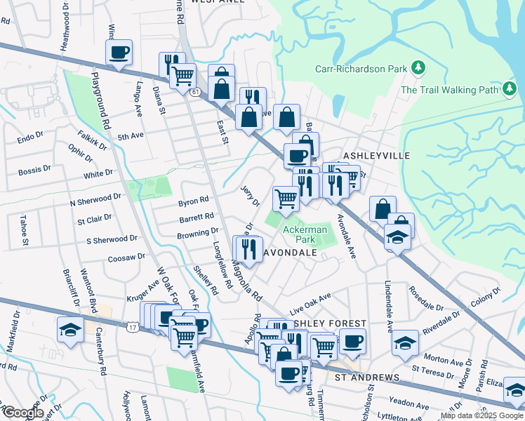 map of restaurants, bars, coffee shops, grocery stores, and more near 11 Anita Drive in Charleston