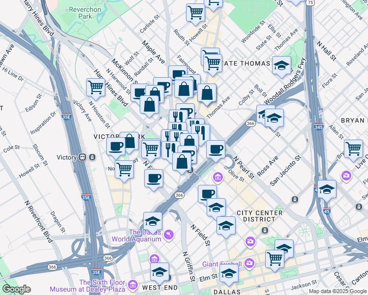 map of restaurants, bars, coffee shops, grocery stores, and more near 1919 McKinney Avenue in Dallas