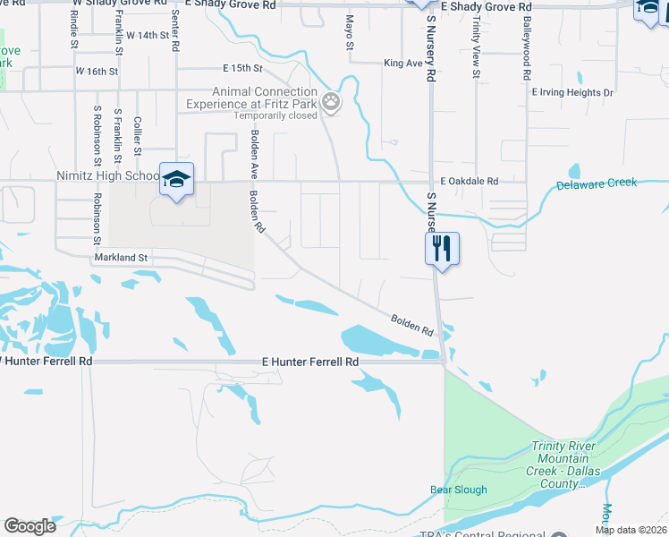 map of restaurants, bars, coffee shops, grocery stores, and more near 2400 Willow Oak Drive in Irving