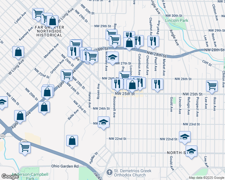 map of restaurants, bars, coffee shops, grocery stores, and more near 1620 Northwest 25th Street in Fort Worth