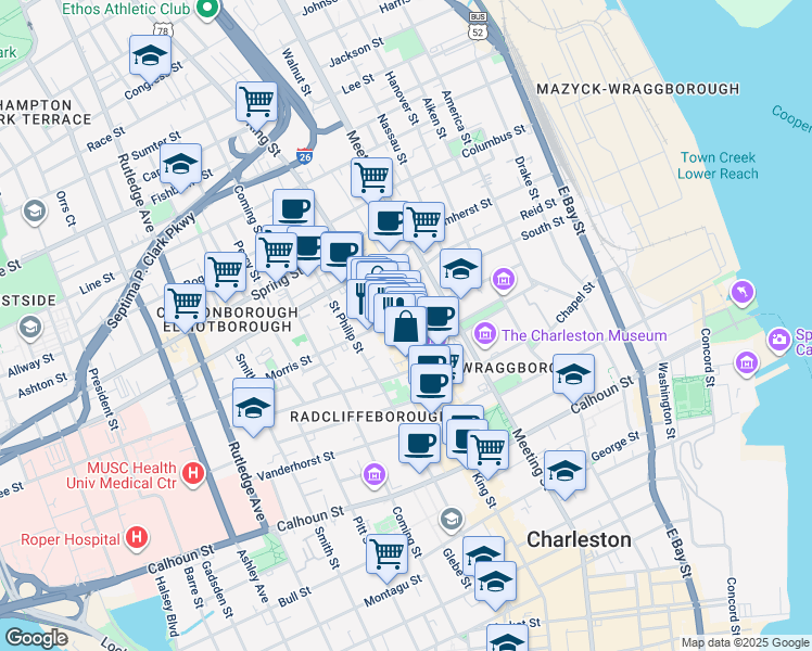 map of restaurants, bars, coffee shops, grocery stores, and more near 499 King Street in Charleston
