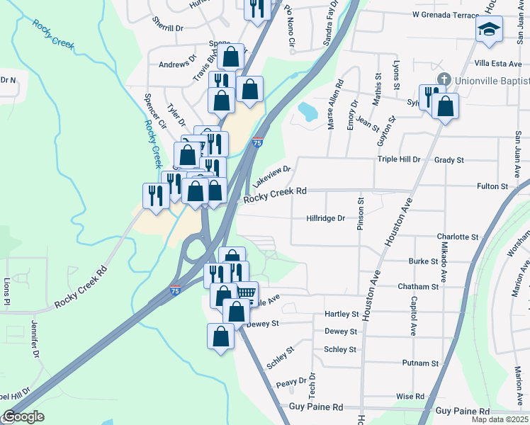 map of restaurants, bars, coffee shops, grocery stores, and more near 1331 Hillridge Drive in Macon