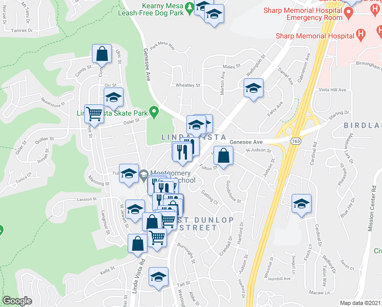 map of restaurants, bars, coffee shops, grocery stores, and more near 7120 Eastman Street in San Diego